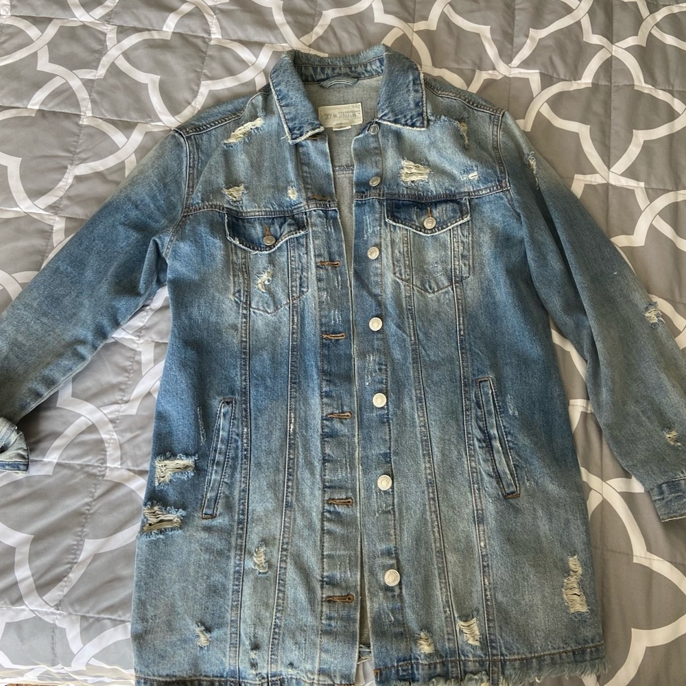 Sky & Sparrow Long Jean Distressed Jacket